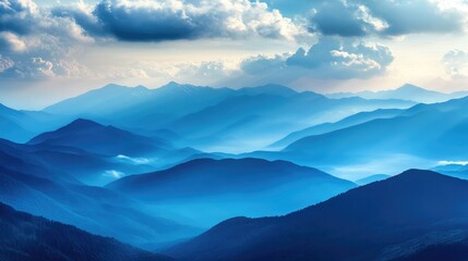 serene blue mountain silhouettes under dramatic cloudy sky with soft water ripples reflecting a brea