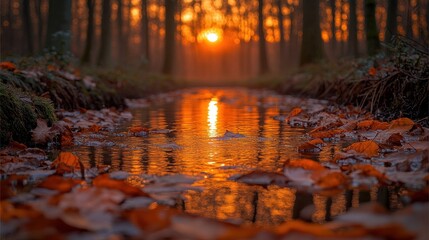 Canvas Print - Autumn sunset stream forest reflection nature