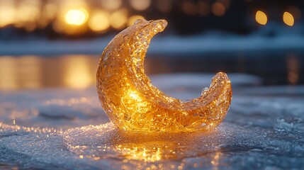 Poster - Glowing ice crescent moon on frozen lake at sunset.