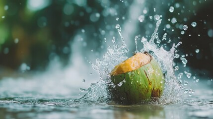 Poster - Fresh coconut splashing in water creating dynamic droplets against a blurred natural background ideal for tropical or beverage themes