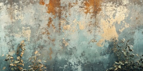 Wall Mural - Textured vintage wall with corroded teal, gold, and rust tones; green foliage at the bottom adds depth and contrast to the scene.