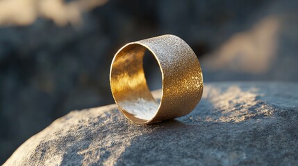 Poster - Textured metallic ring with a smooth inner surface showcased on a rocky background illuminated by natural light