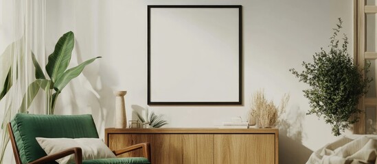 Poster - Cozy living room with green armchair wooden sideboard and mock-up poster frame showcasing stylish home decor inspiration