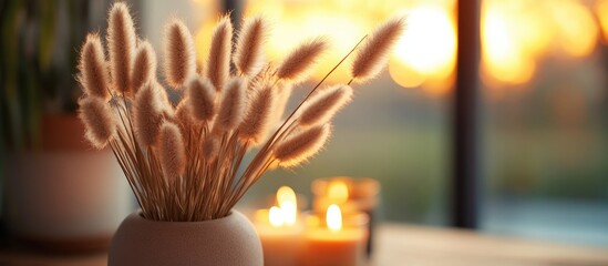 Poster - Dried hare's tail grass in a modern round vase complementing a cozy Scandinavian interior with candles and warm hygge ambiance.