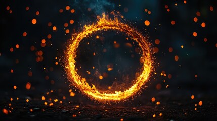 Poster - Glowing ring of fire with flying sparks against a dark background creating an intense and captivating visual effect
