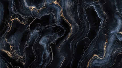 Sticker - Elegant black marble texture with rich swirls of gold and gray creating a luxurious and sophisticated background for design projects.