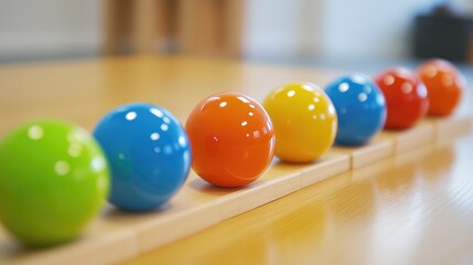 Poster - colorful spheres in a line creating a rhythmic pattern on a wooden surface showcasing vibrant hues a