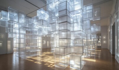 Wall Mural - Transparent boxes suspended in a light, airy room.