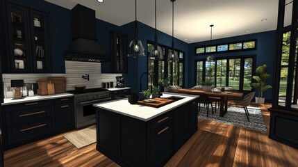 Wall Mural - Cabinetry in Modern Kitchen with Quartz Countertop and Industrial Pendant Lights