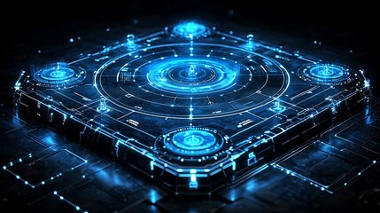 Poster - Futuristic blue glowing tech interface on dark background.