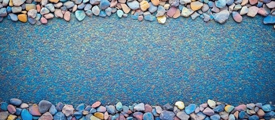 Poster - Pebbled gravel surface framed by colorful stones on an iridescent blue background with ample empty space for text and design elements.