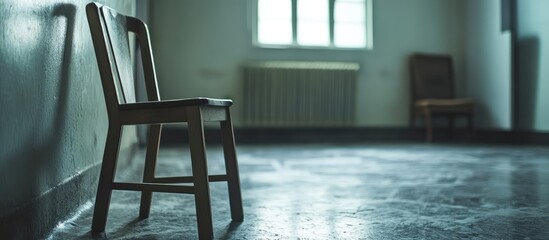 Poster - Soft Focus View of Abandoned Rehabilitation Center for Substance Abuse Featuring Wooden Chairs in Muted Tones and Empty Copy Space for Text