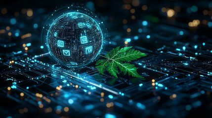 Poster - Futuristic globe with leaf on circuit board.