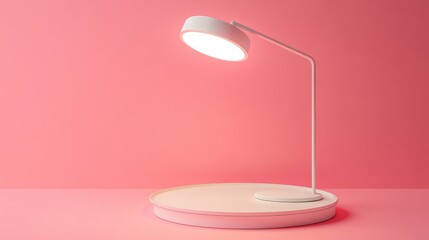 Poster - Modern round table with stylish desk lamp on soft pink background for interior design and decoration concepts