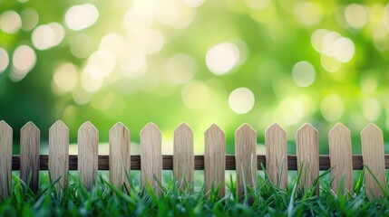Poster - Selective Focus on Lush Green Grass with Light Wooden Fence and Soft Bokeh Background in Sunlit Outdoor Setting