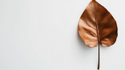 Poster - Dried brown leaf on white background symbolizing autumn and nature's transition with a minimalist aesthetic suitable for various designs