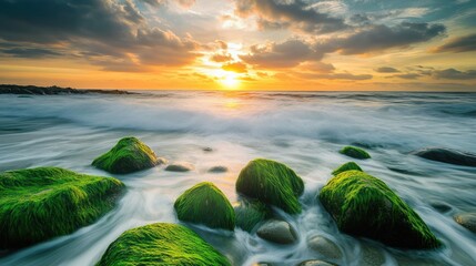 Poster - Serene sunset over a tranquil beach featuring vibrant green moss-covered rocks amidst gentle ocean waves and a colorful sky backdrop.