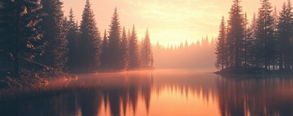 Wall Mural - Scenic view of a serene lake surrounded by tall pine trees at sunrise.