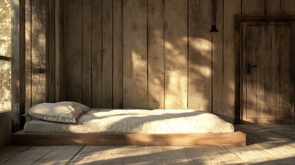 Poster - Minimalist bedroom interior featuring a simple mattress on a wooden platform surrounded by rustic wooden walls and natural light.