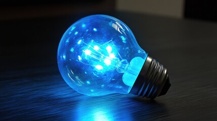 Poster - Blue LED light bulb on a dark surface creating a vibrant party atmosphere with a soft glow and an intriguing visual effect.