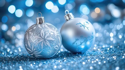 Poster - Bokeh background design featuring silver and blue Christmas ornaments with festive sparkle in a blurred holiday atmosphere