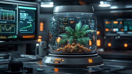 Poster - Futuristic plant in a glass jar on a lab table.