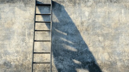 Poster - Minimalist metal ladder casting soft shadows on a textured cement wall, creating an architectural background with a subtle play of light.