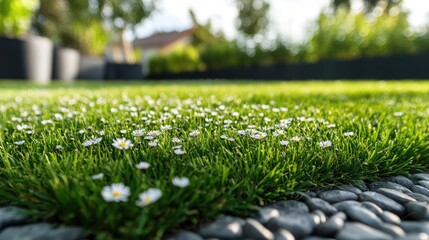 Vibrant green grass with scattered white daisies under warm spring sunshine in a landscaped garden setting, focusing on natural lawn care and planting concepts.