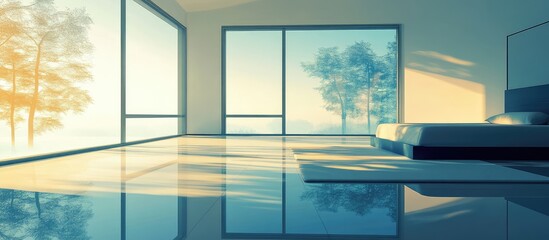 Poster - Sunlit modern bedroom with large glass windows reflecting tranquil trees and gentle morning light casting soft shadows on polished floor.
