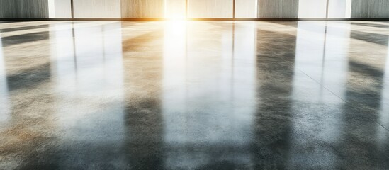 Poster - Modern industrial lobby featuring a reflective concrete floor under natural daylight with warm sunbeams, creating an inviting atmosphere and ample copy space.