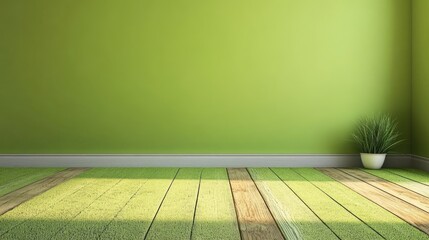 Poster - Fresh green interior background ideal for showcasing products with wooden flooring and minimalist plant decoration for a vibrant atmosphere