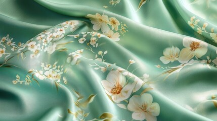 Poster - Mint Cream silk fabric texture featuring delicate floral patterns ideal for bridal designs and elegant textile applications.