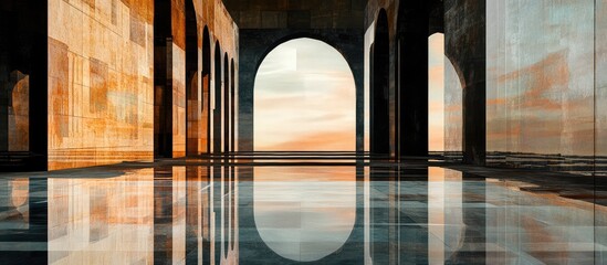 Poster - Modern architectural reflections at sunset in a spacious interior with smooth glass surfaces and vibrant sky colors, including orange and blue tones.