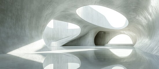 Poster - Innovative architectural interior with smooth white walls and reflective surfaces creating dynamic light patterns in a spacious setting