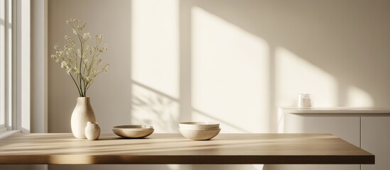 Poster - Serene Neutral Toned Dining Table Surrounded by Soft Light and Minimalist Kitchen Decor Offering Blank Space for Text Elements