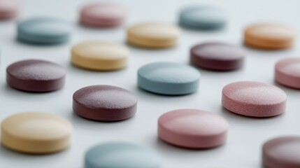 Assorted pharmaceutical tablets in various pastel colors on a soft white background representing high-quality production of medicinal products.