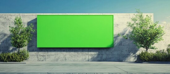 Poster - Green screen banner mockup on outdoor wall with surrounding greenery ideal for branding advertisements and versatile promotional applications