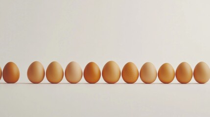 Poster - Single Distinct Egg Among Uniform Row of Brown Eggs on Minimalist White Background Symbolizing Fragility and Uniqueness