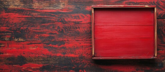 Poster - Red Vintage Wooden Boards with Cropped Top View Featuring a Wooden Storage Box and Empty Text Space Ideal for Conceptual Storytelling and Backgrounds