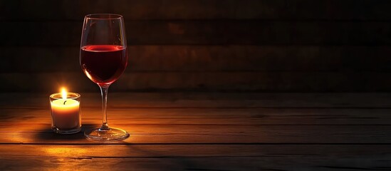 Poster - Elegant red wine glass with rich ruby liquid beside a flickering candle on a rustic wooden table, featuring dramatic low light and empty space for text.