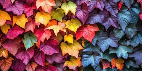 Canvas Print - Colorful wall adorned with vibrant wild vine leaves in shades of red, orange, yellow, green, and purple, arranged in a dense, overlapping pattern.