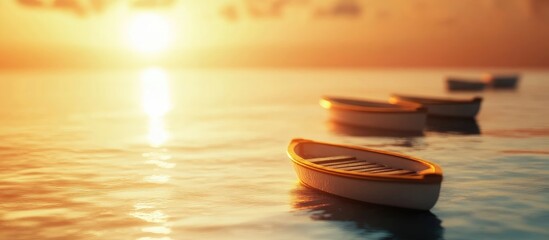 Poster - Golden sunset reflecting on calm waters with small fishing boats anchored peacefully, ample empty space for text above serene ocean backdrop.