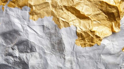 Poster - Textured abstract background of crumpled silver and gold paper showcasing elegant metallic hues and intricate surface details.