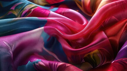 Poster - Colorful silk crepe fabric with intricate patterns creating a luxurious and elegant textile texture background for fashion and design.
