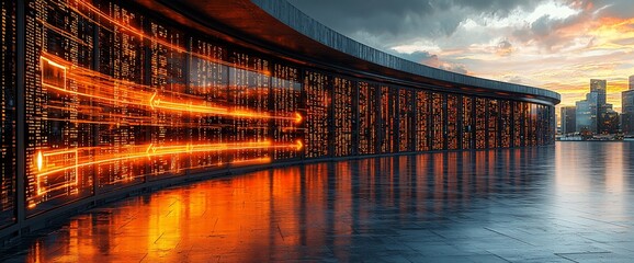 Poster - Futuristic data center at sunset.