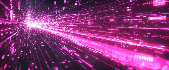 Poster - Pink digital data stream flowing through a futuristic tunnel.