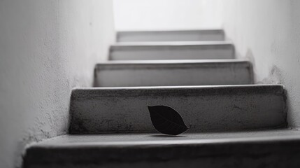 Poster - Black and white leaf resting on concrete stairs creating a minimalist and tranquil atmosphere in a serene indoor setting