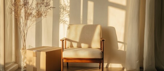 Poster - Cozy room with simple chair and cardboard box creating warm interior design inspiration through soft sunlight and natural decor elements