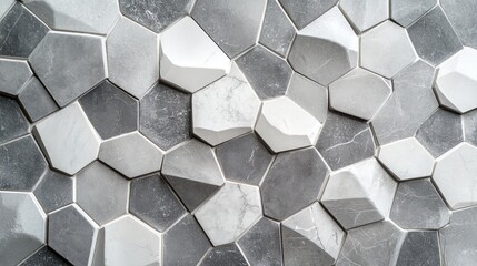 Poster - Hexagonal Mosaic Pattern of Grey Textured Concrete and Marble Surface Ideal for Modern Interior Design and Home Decor Backgrounds
