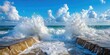 © Ahmad - Dynamic ocean waves crashing against a tetrapod breakwater with white foam splashes, set against a vibrant blue sky with fluffy clouds.